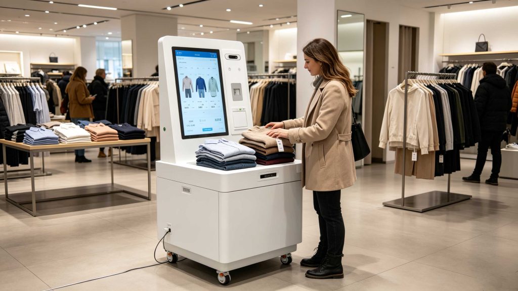 How Does UNIQLO RFID Work? 1 RFID clothing self-checkout station with touchscreen identifying multiple garments