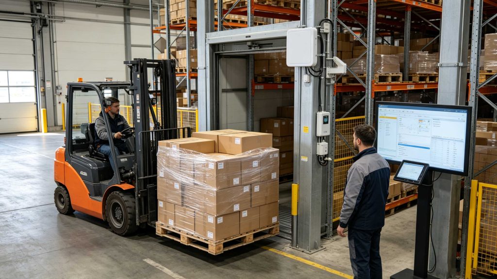 how does rfid enable faster dock-to-stock processes 2 Forklift carrying RFID-tagged pallet through a fixed UHF RFID receiving zone in a European distribution center.