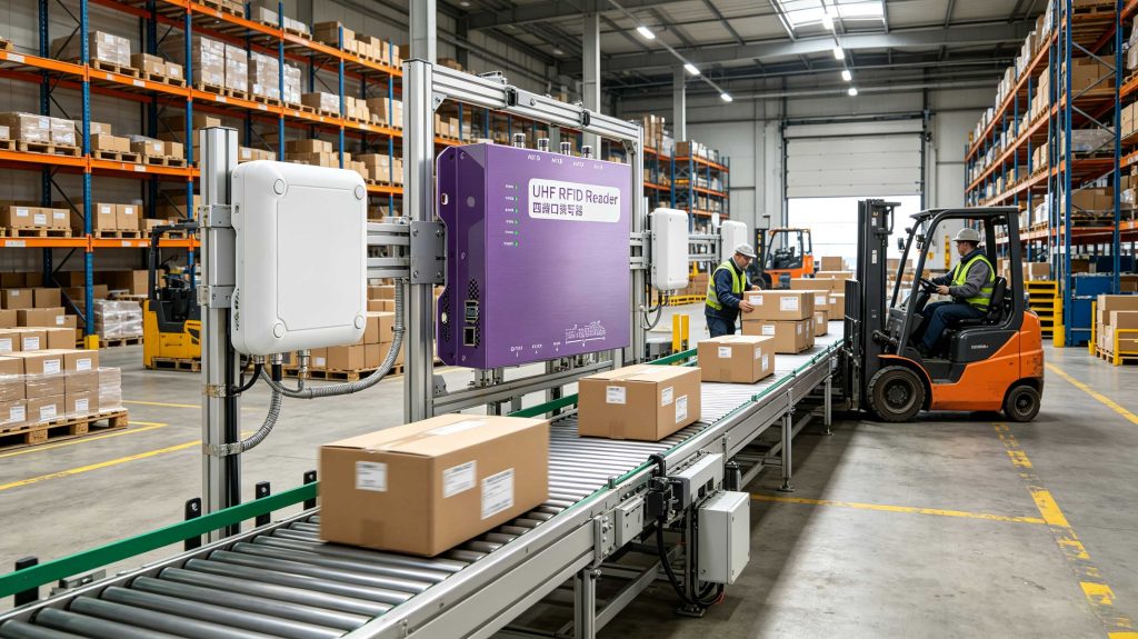 UHF RFID readers automatically tracking tagged cartons on a warehouse conveyor