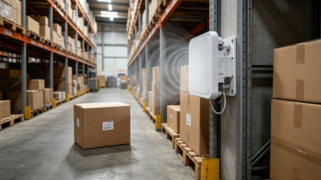 Passive UHF RFID tag responding to a fixed RFID reader antenna