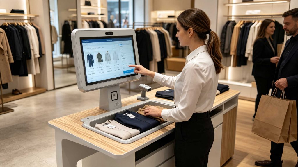 What Is RFID Technology in Retail? 2 Integrated RFID checkout workstation with touchscreen and RFID product identification area