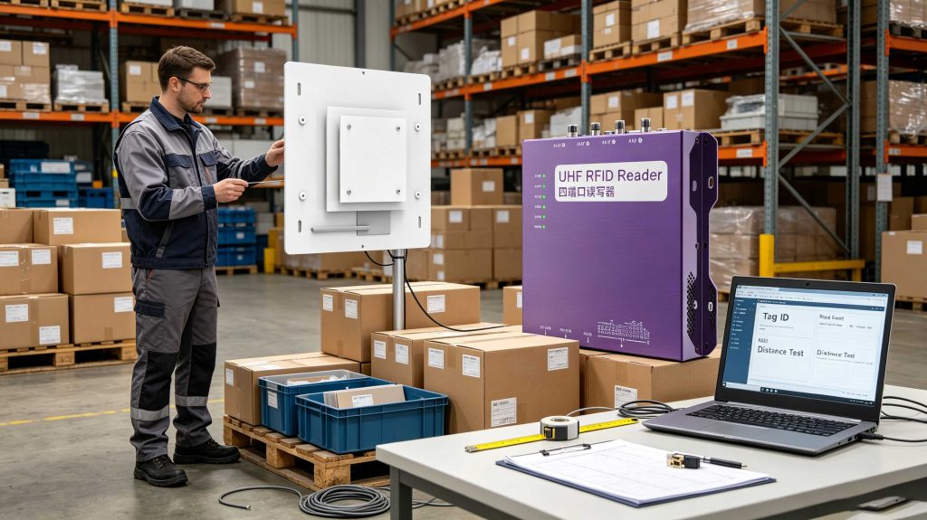 Engineer testing UHF RFID read distance between a fixed reader antenna and tagged cartons