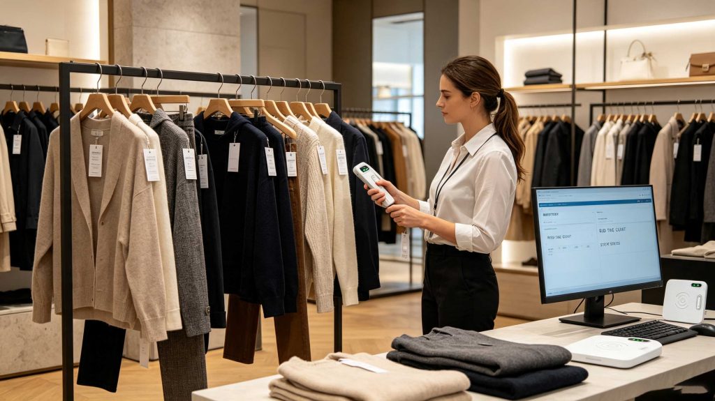 UHF RFID reader simultaneously identifying multiple RFID-tagged garments in a modern European retail store