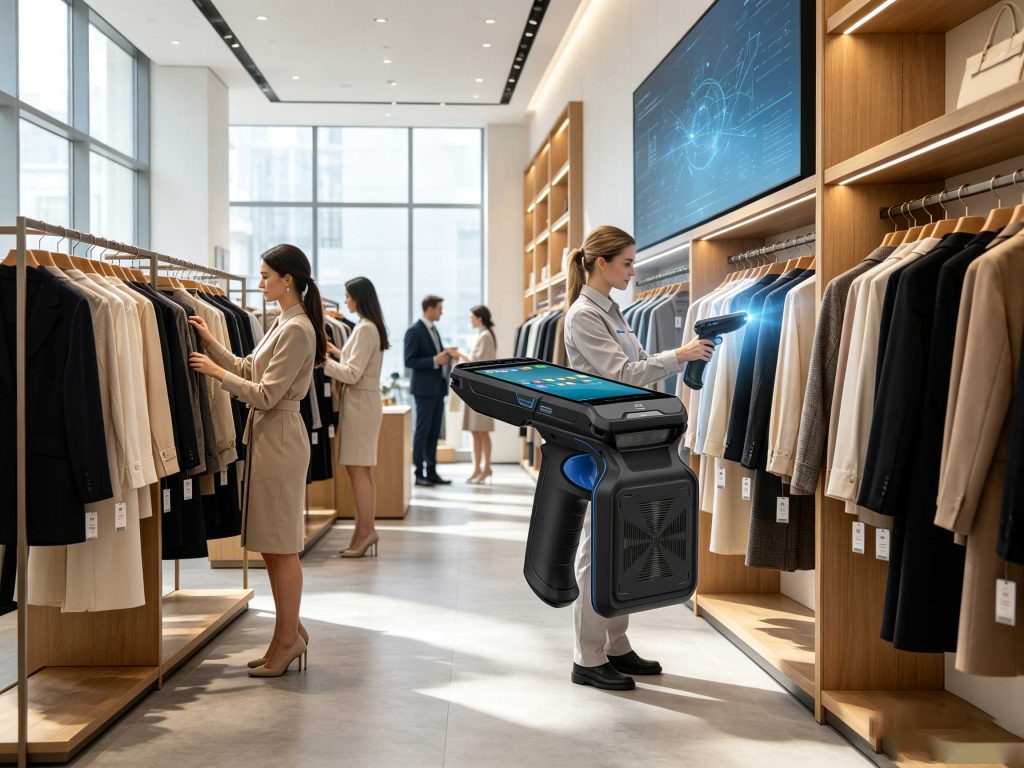 Retail employee using RFID reader to track tagged products in European fashion store