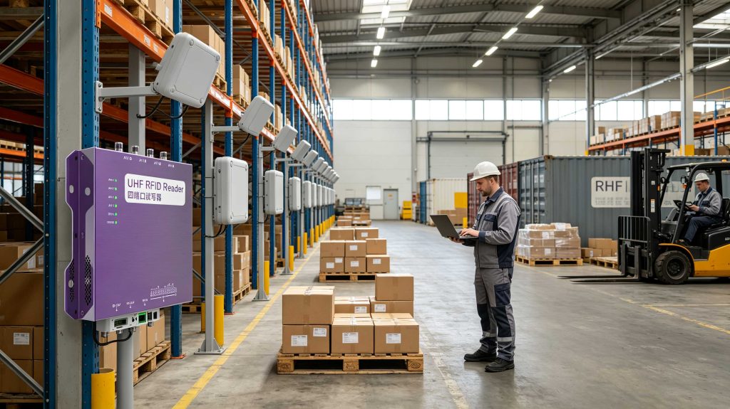 UHF RFID antennas creating controlled read zones around tagged industrial assets