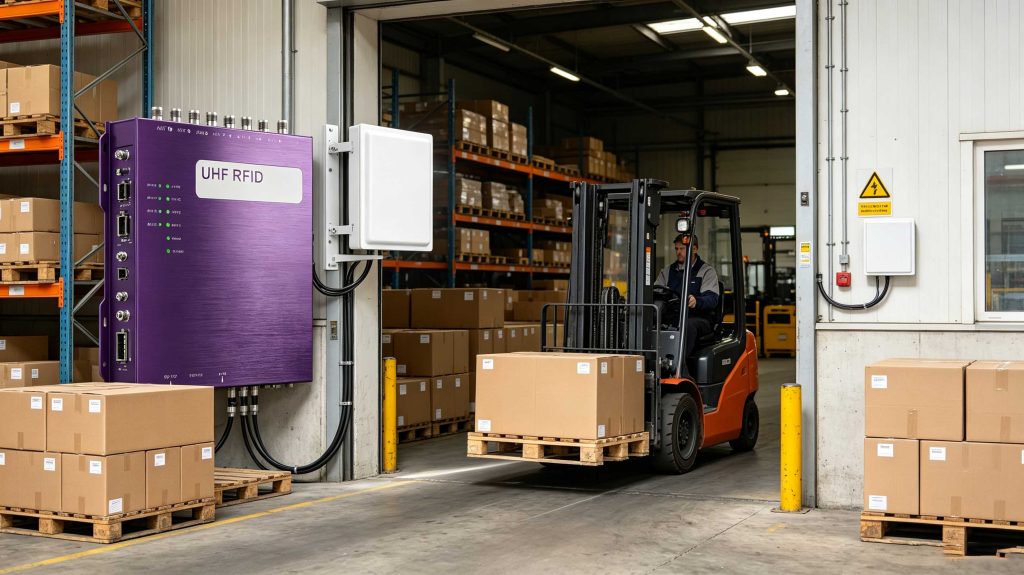 Fixed UHF RFID reader identifying RFID tagged pallets at a European warehouse entrance