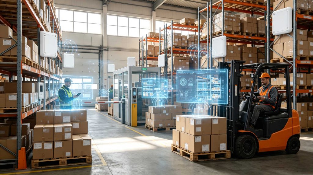 RFID readers tracking tagged products in a warehouse inventory management system