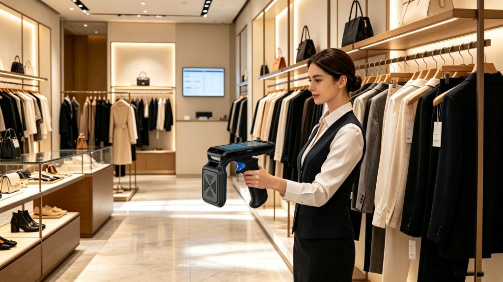 What Is RFID in Retail: How Smart Identification Technology Transforms Modern Stores 1 RFID retail inventory management system using UHF RFID readers to track products in a modern European clothing store
