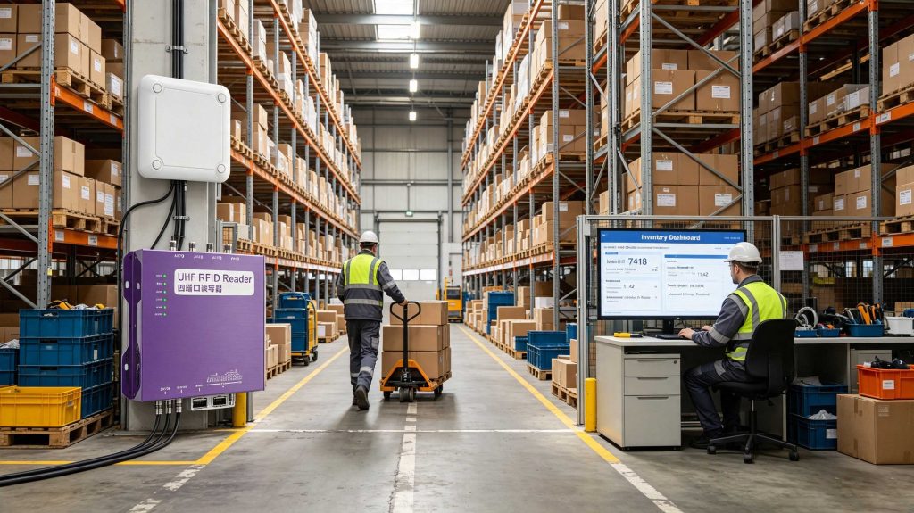 RFID readers detecting tagged assets across warehouse storage zones