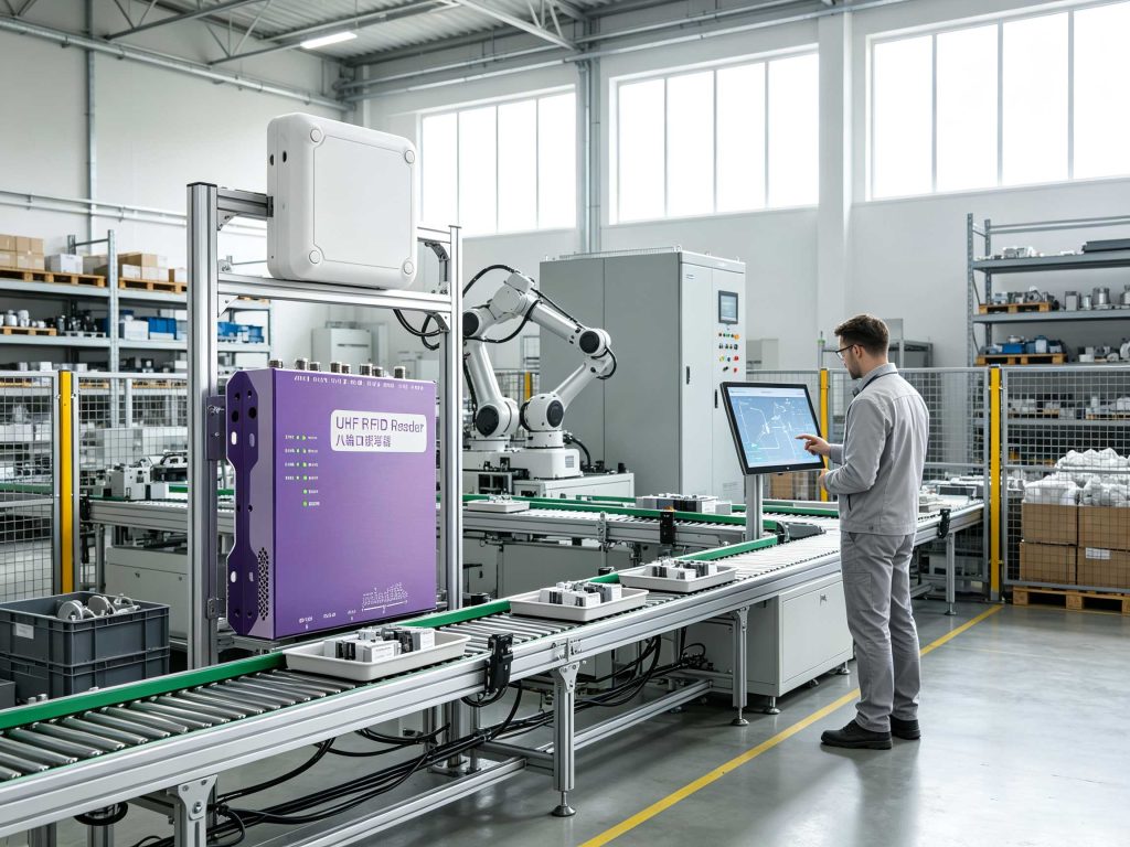 Fixed UHF RFID reader tracking industrial assets in a European smart factory