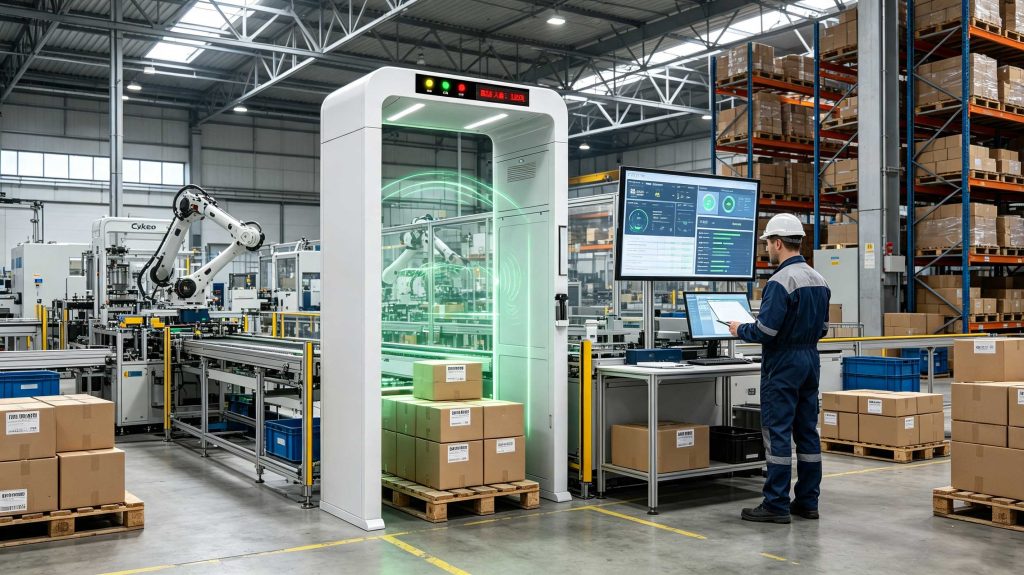 RFID portal automatically detecting multiple tagged items in a smart manufacturing facility
