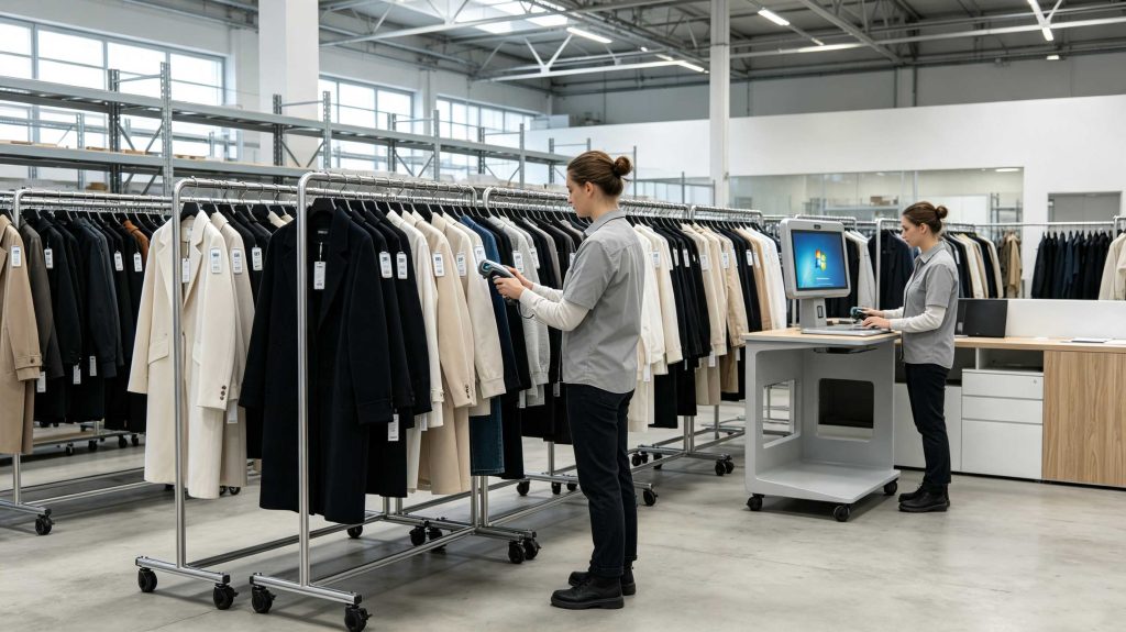 How Does RFID Work in Clothing: RFID Technology for Smart Fashion Management 1 RFID clothing tag attached to apparel communicating with an RFID reader in a fashion warehouse