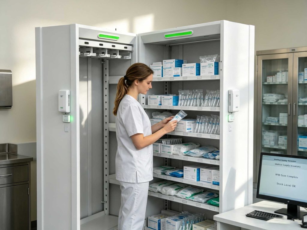 Where Are RFID Tags Used? 3 RFID tagged medical supplies being tracked in a hospital inventory room