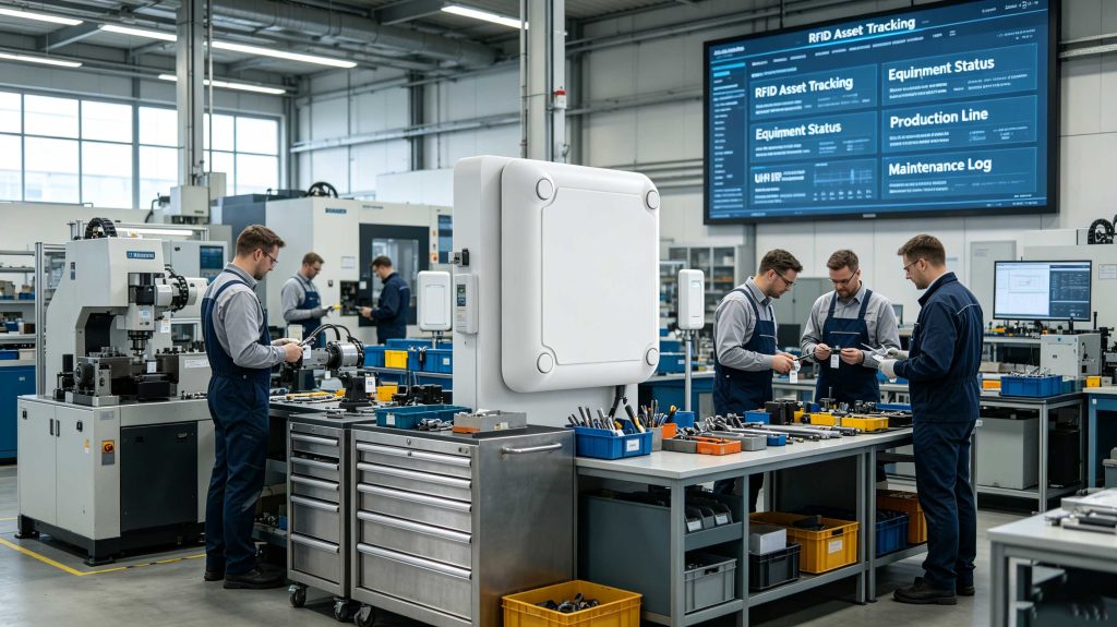 What Is RFID Tags Used For: Practical Applications of RFID Identification Technology 2 Factory workers using RFID technology to track industrial tools and manufacturing assets