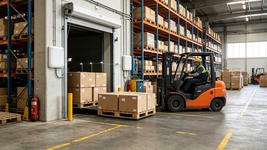 UHF RFID reader detecting tagged pallets in a European warehouse environment