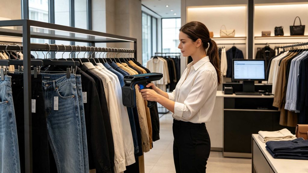 What Is RFID Technology in Retail? 1 RFID retail technology identifying tagged clothing in a modern apparel store