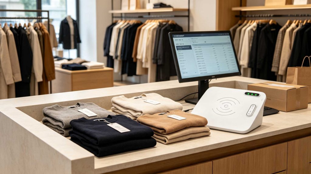 RFID reader simultaneously identifying multiple tagged products at a retail checkout