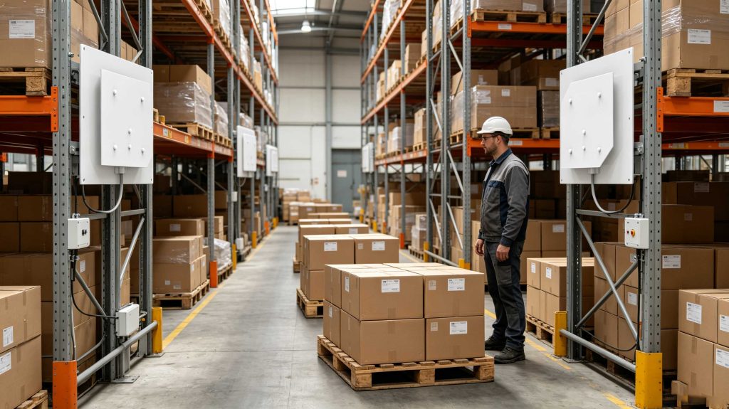 Fixed UHF RFID reader tracking tagged pallets across a warehouse zone