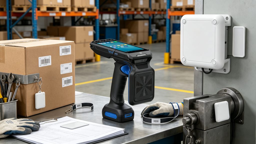 How Does RFID Look Like? 1 Different RFID tag types including labels, cards, on-metal tags, UHF reader and antenna