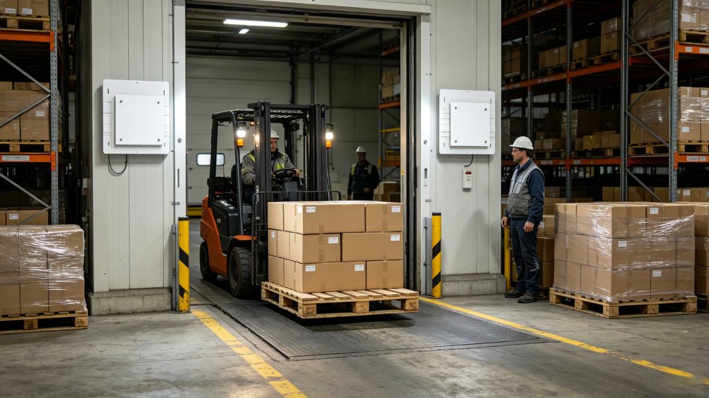 Fixed UHF RFID antennas reading tagged pallets inside a warehouse dock area