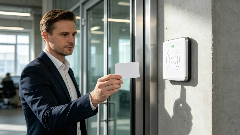 Employee presenting an RFID card to a wall-mounted RFID reader at a modern European facility