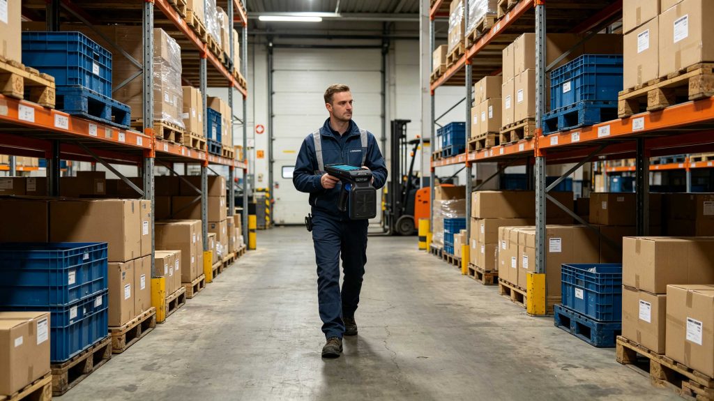 Warehouse worker using a handheld UHF RFID reader for inventory counting
