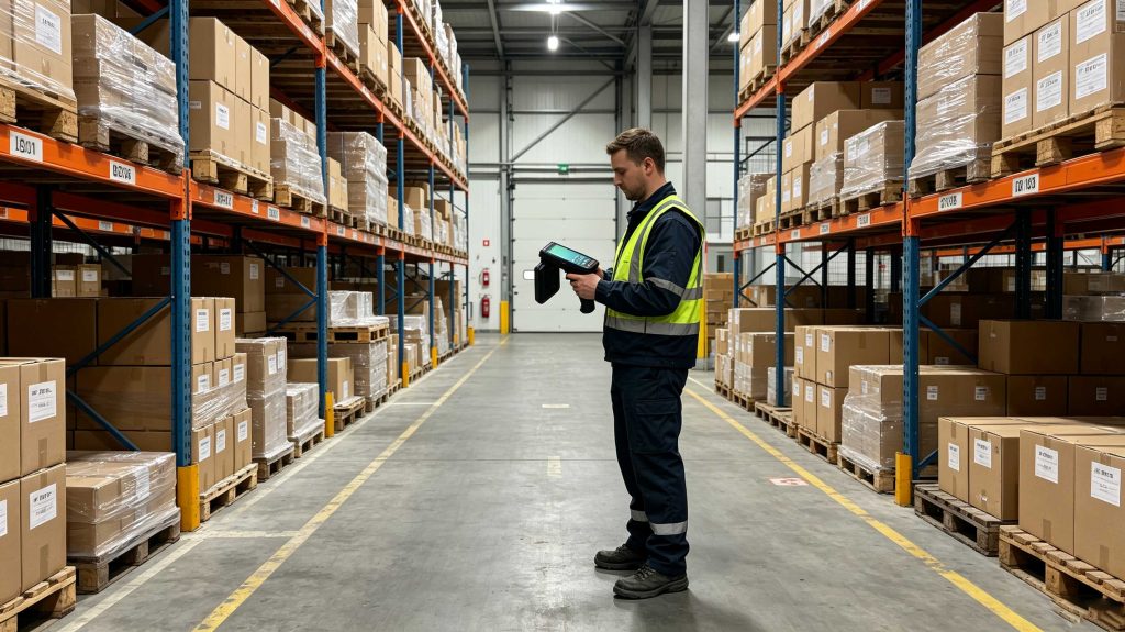Warehouse employee using a handheld UHF RFID reader to count tagged inventory in a European distribution center
