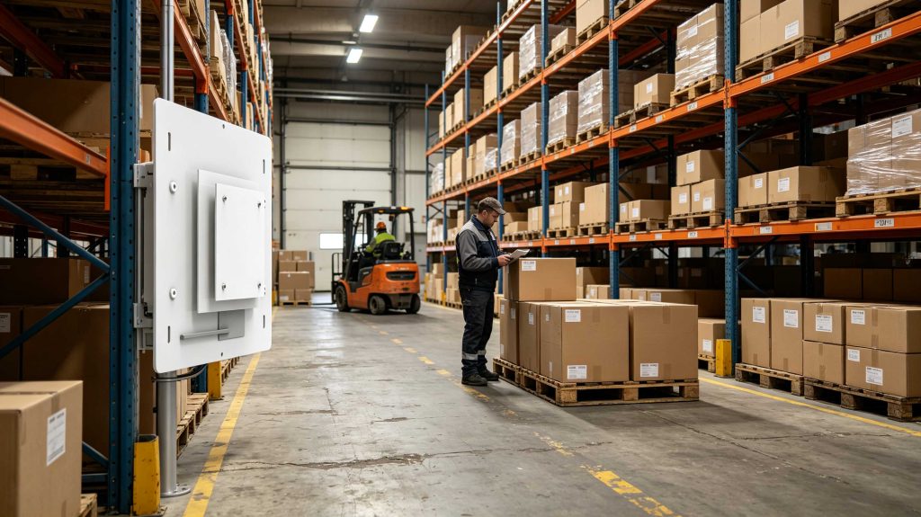 Fixed UHF RFID reader detecting tagged cartons several meters away in a European warehouse