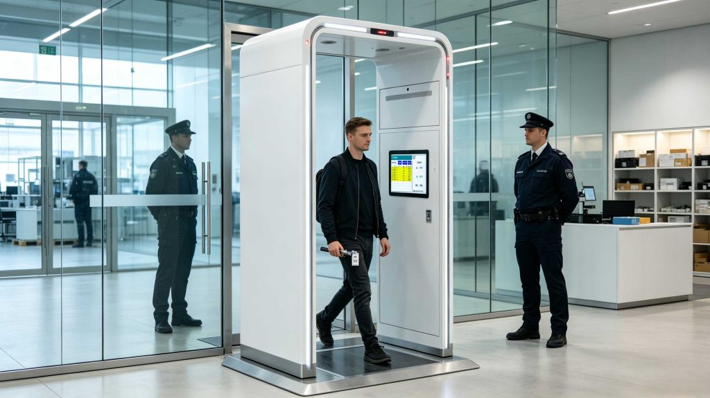 RFID security gate detecting unauthorized RFID tagged items at a smart facility entrance