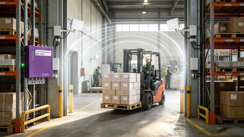 RFID reader automatically identifying tagged pallets in a European logistics warehouse