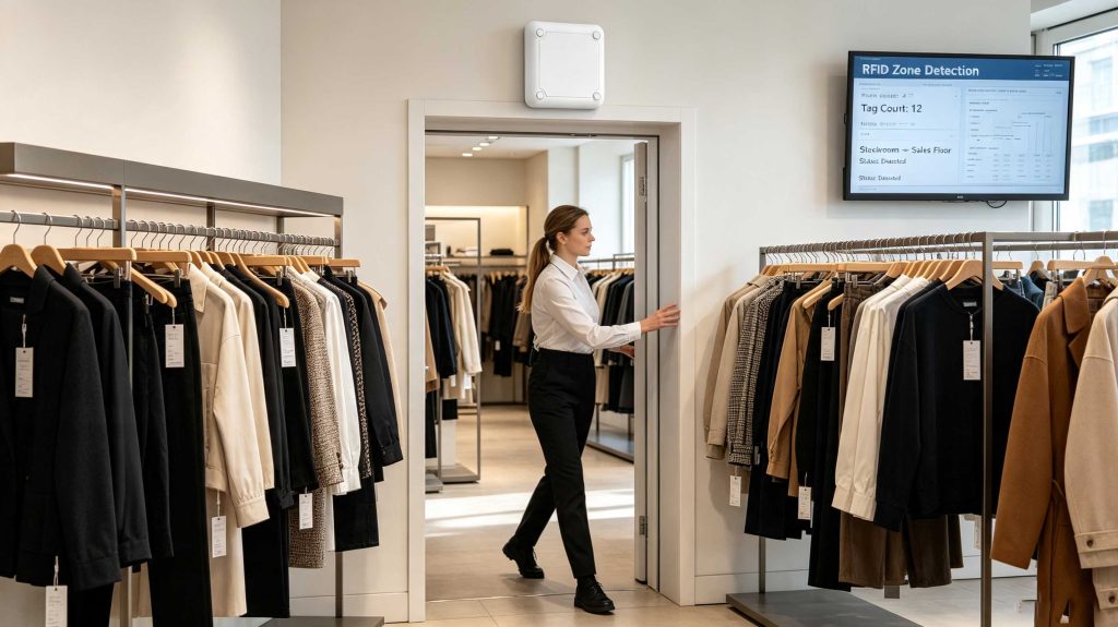 What Does “Tracking” Mean in an RFID System? 2 RFID reader detecting tagged garments as they move between retail inventory zones