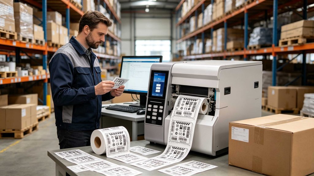 Warehouse operator verifying serialized RFID labels after printing and encoding