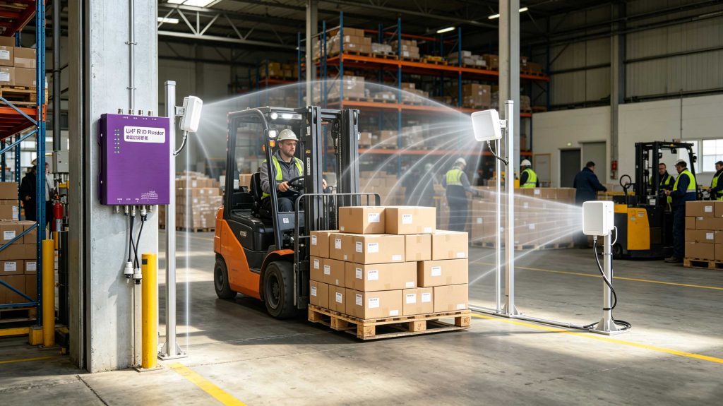 Fixed RFID reader identifying tagged pallets in a European logistics facility