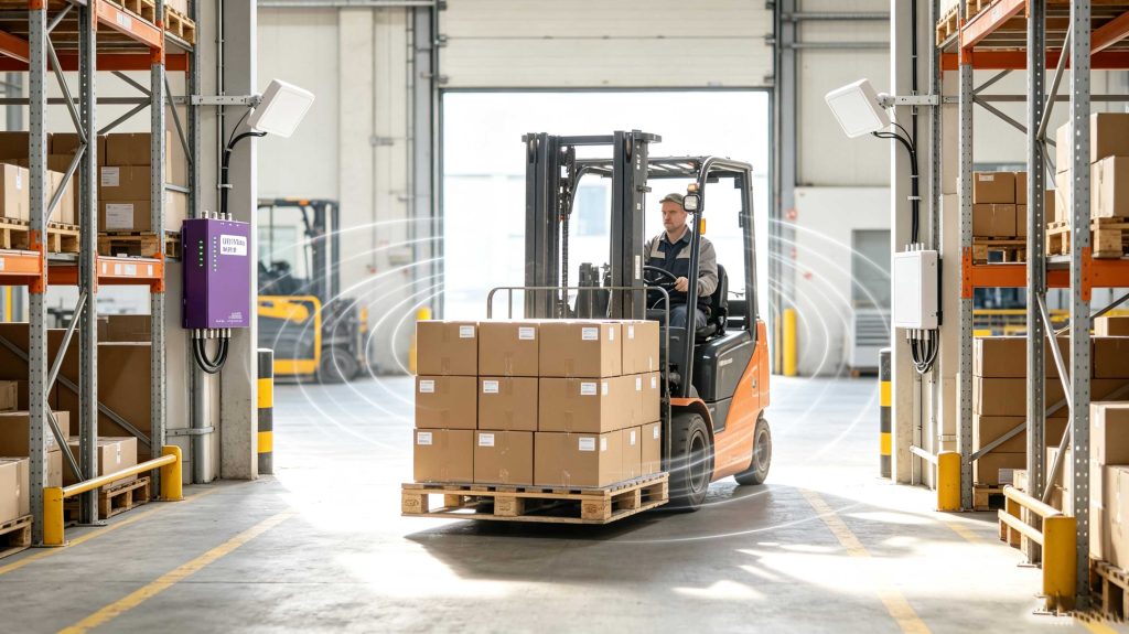 Passive UHF RFID tags being read on pallets at a European warehouse entrance