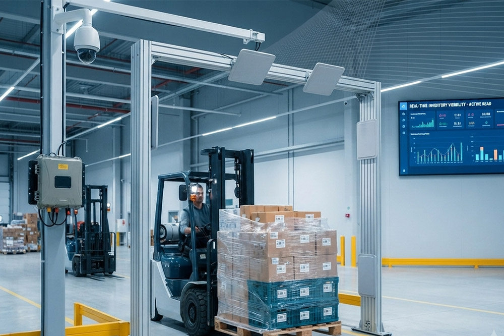 UHF RFID antenna installed at warehouse entrance for inventory tracking