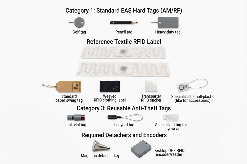 Different types of security tags used for clothing retail protection