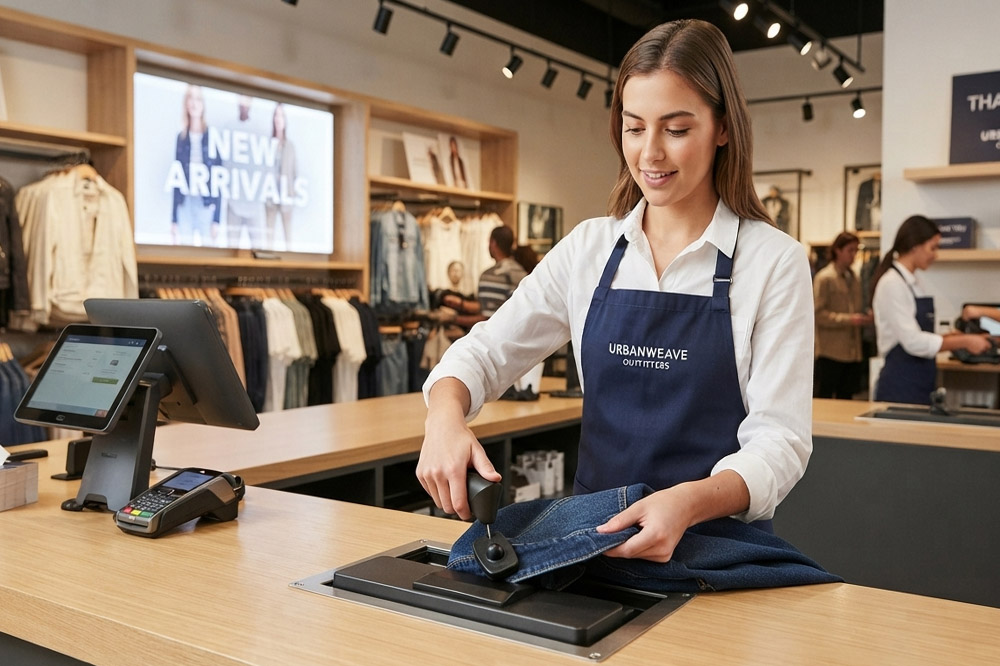 Retail employee removing security tag from clothing at checkout