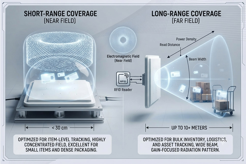 RFID Antenna Range Explained: What Determines RFID Reading Distance in Real Applications? 1 RFID antenna range comparison showing short range and long range RFID reading areas