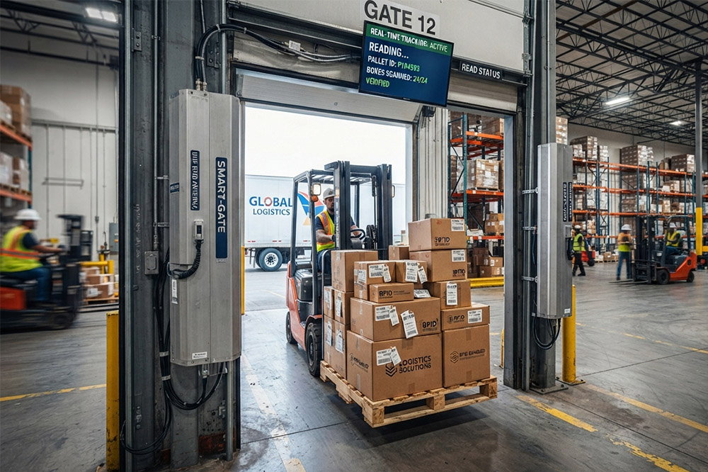 RFID Antenna Range Explained: What Determines RFID Reading Distance in Real Applications? 2 Long range UHF RFID antenna system installed at warehouse entrance