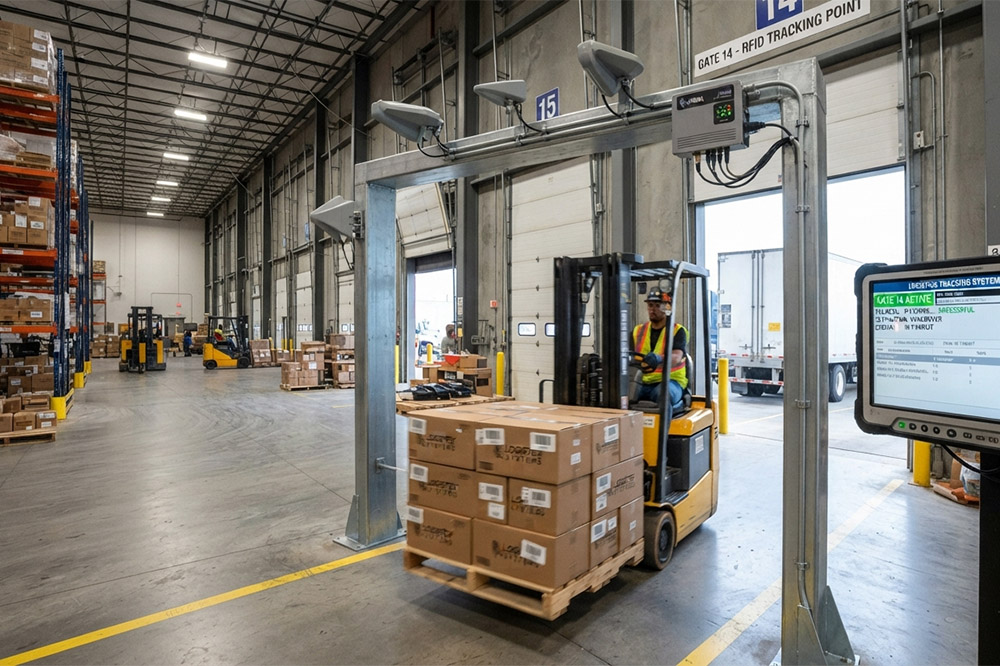 UHF RFID Antenna Buying Guide: How to Choose the Right Antenna for Warehouse and Industrial Applications 1 UHF RFID antenna and reader system tracking warehouse inventory