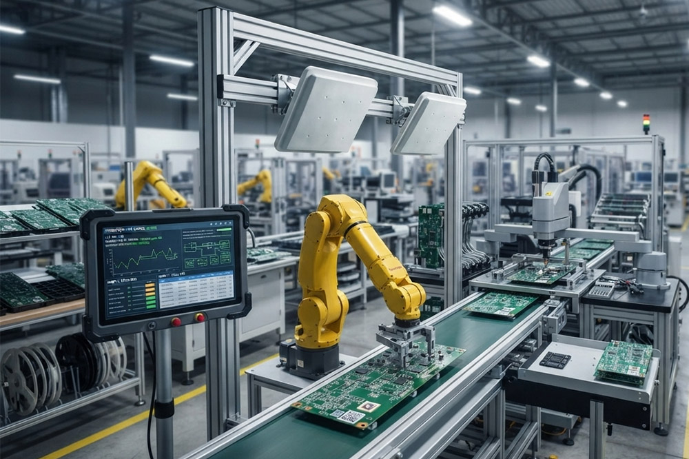 UHF RFID Antenna Buying Guide: How to Choose the Right Antenna for Warehouse and Industrial Applications 2 Industrial UHF RFID antenna installed on production line for product tracking