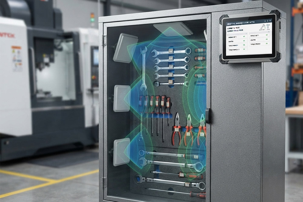 RFID Antenna for Metal Environments: How to Solve Reading Problems in Industrial Applications 2 RFID antenna used inside metal tool cabinet for asset tracking