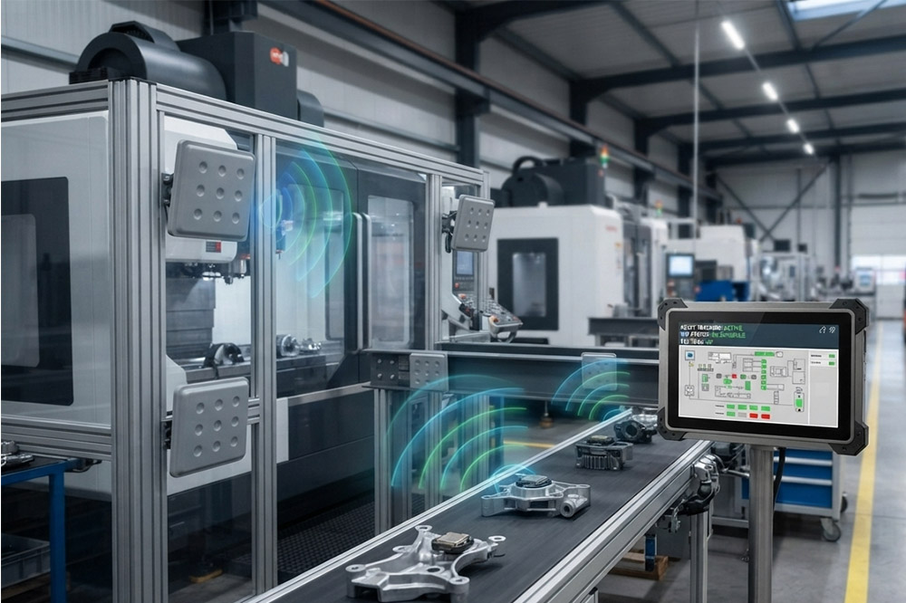 RFID Antenna for Metal Environments: How to Solve Reading Problems in Industrial Applications 3 Industrial RFID antenna installed near metal machinery for asset tracking