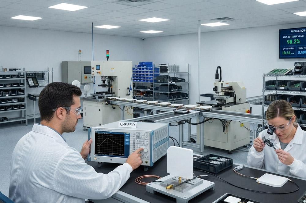 How to Choose RFID Antenna Manufacturer for Bulk Orders and OEM Projects 1 RFID antenna manufacturer testing UHF RFID antennas during production