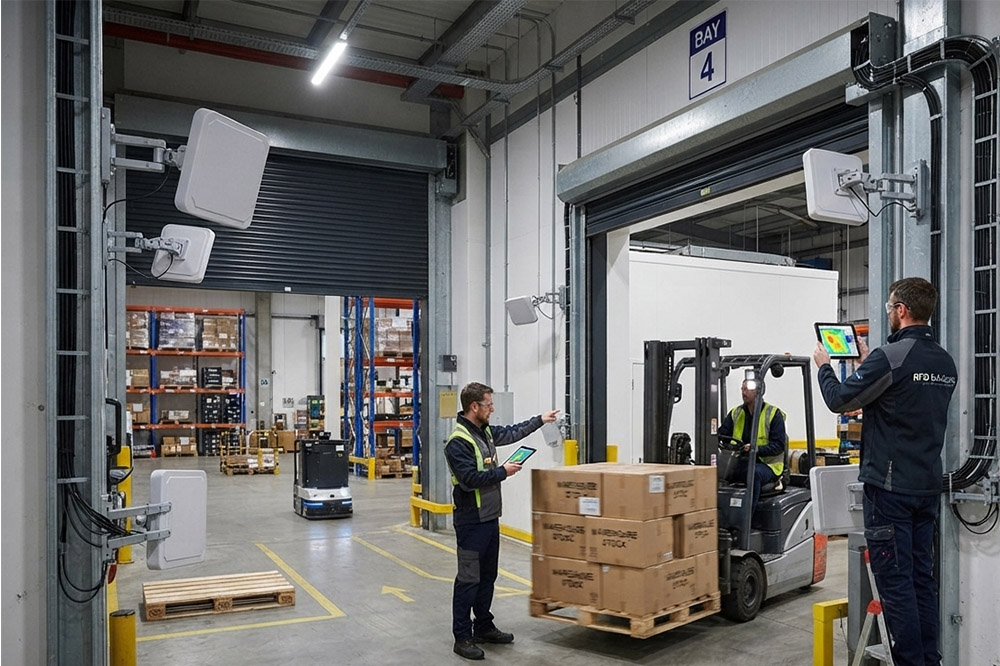 RFID Antenna Installation Guide: How Placement Affects Reading Performance and System Accuracy 1 UHF RFID antenna placement at warehouse entrance for automatic inventory tracking