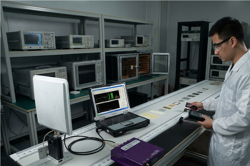 FID engineer testing UHF antenna reading distance in a controlled environment, RFID reader, antenna, and tags placed at different distances, technical testing scene, realistic industrial style.