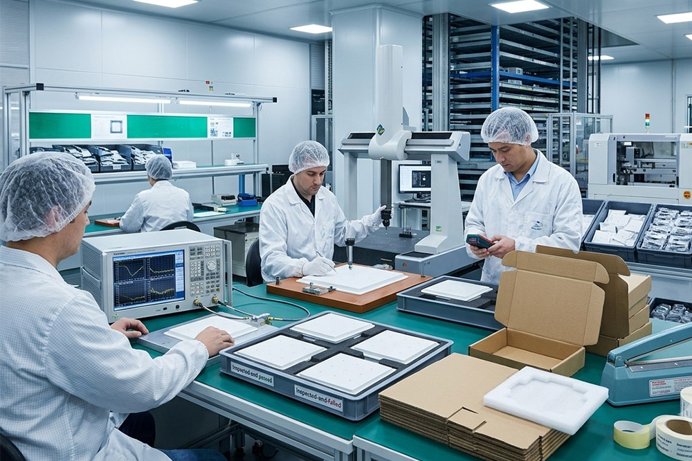 RFID antenna manufacturer performing quality inspection before delivery