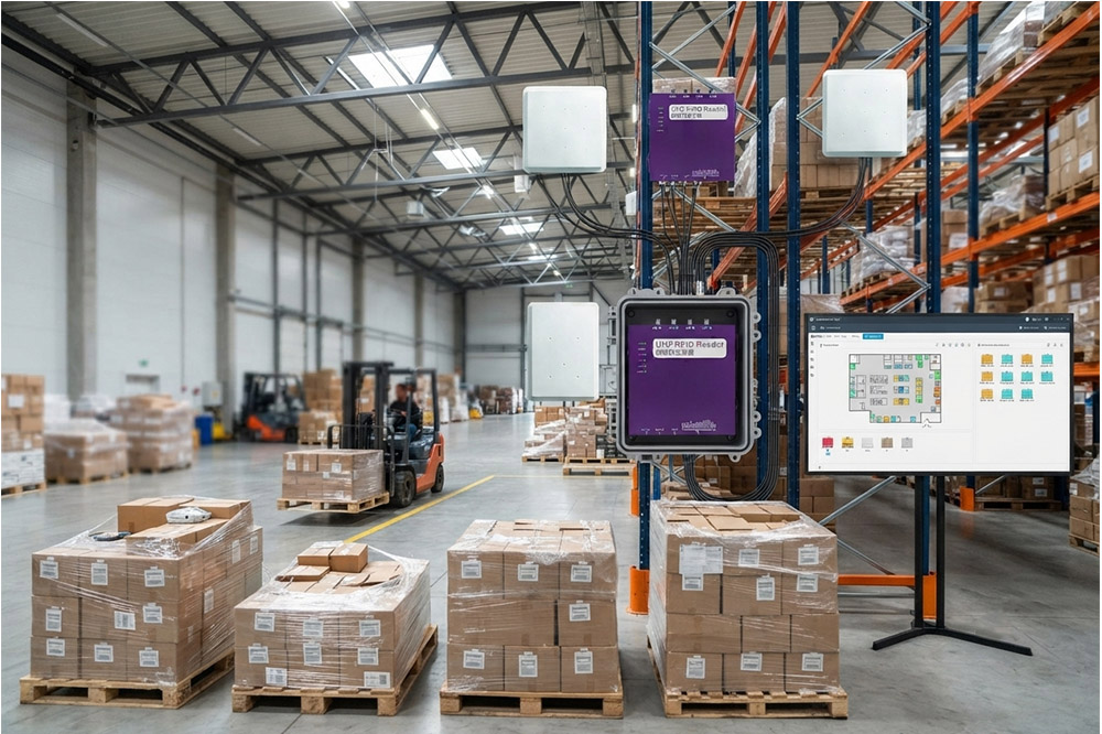 Fixed RFID reader connected to multiple UHF RFID antennas in warehouse