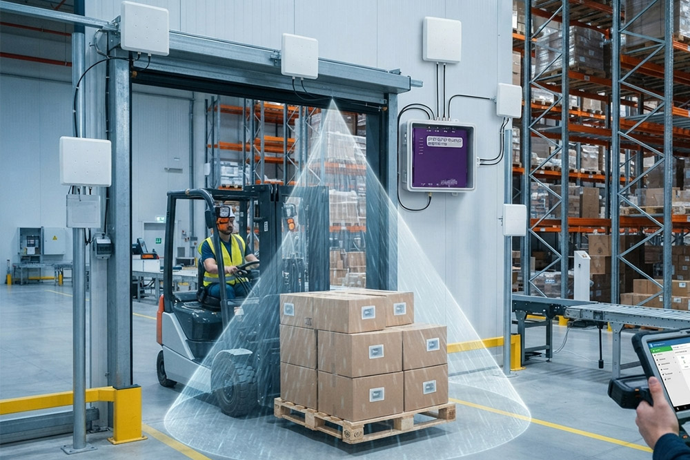 Fixed long range RFID scanner installation for warehouse inventory tracking