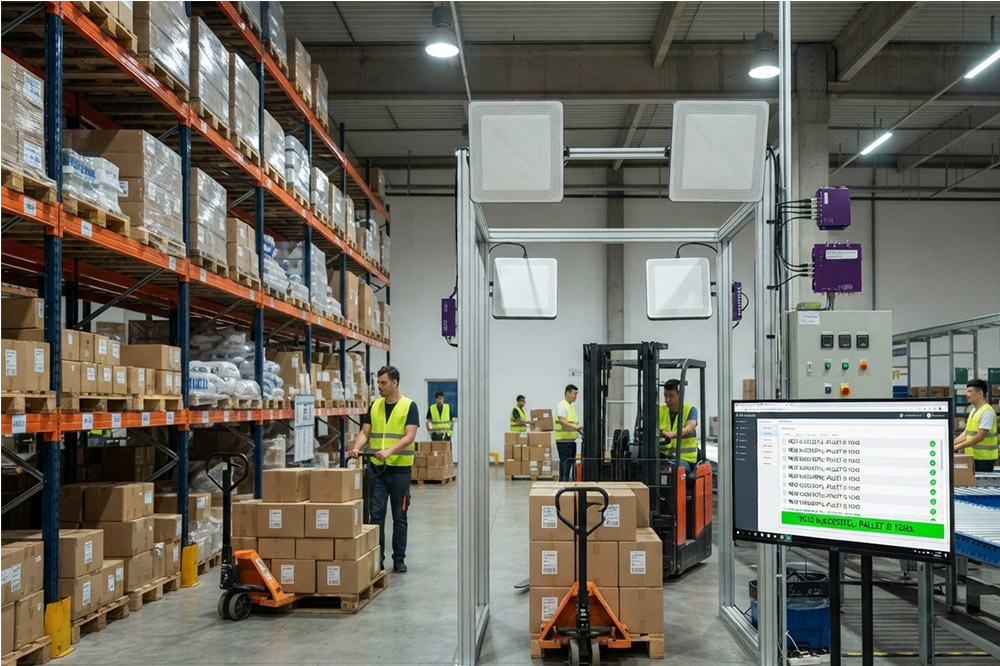 Long range RFID scanner used for automatic warehouse inventory management